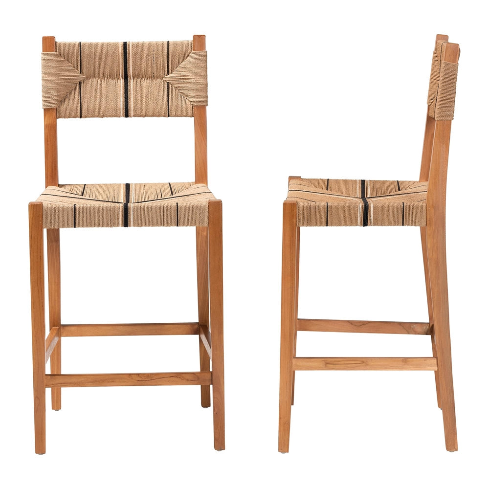 Prita Bohemian Paper Loom and Natural Mahogany Wood 2-Piece Bar Stool Set