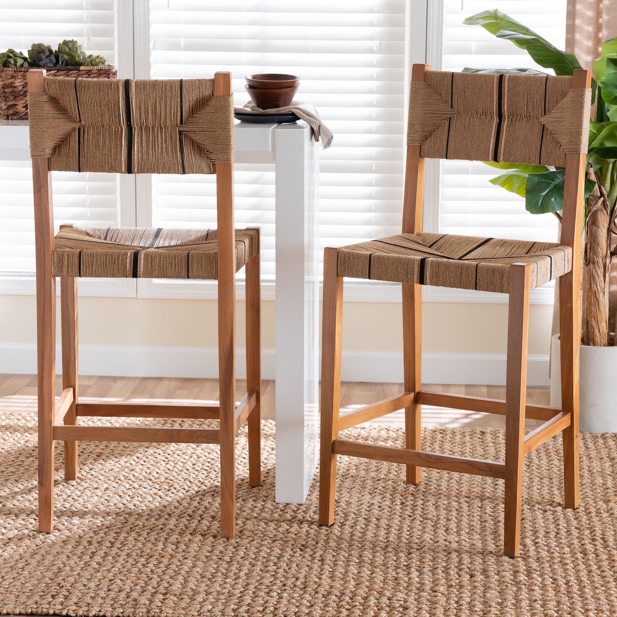 Prita Bohemian Paper Loom and Natural Mahogany Wood 2-Piece Bar Stool Set