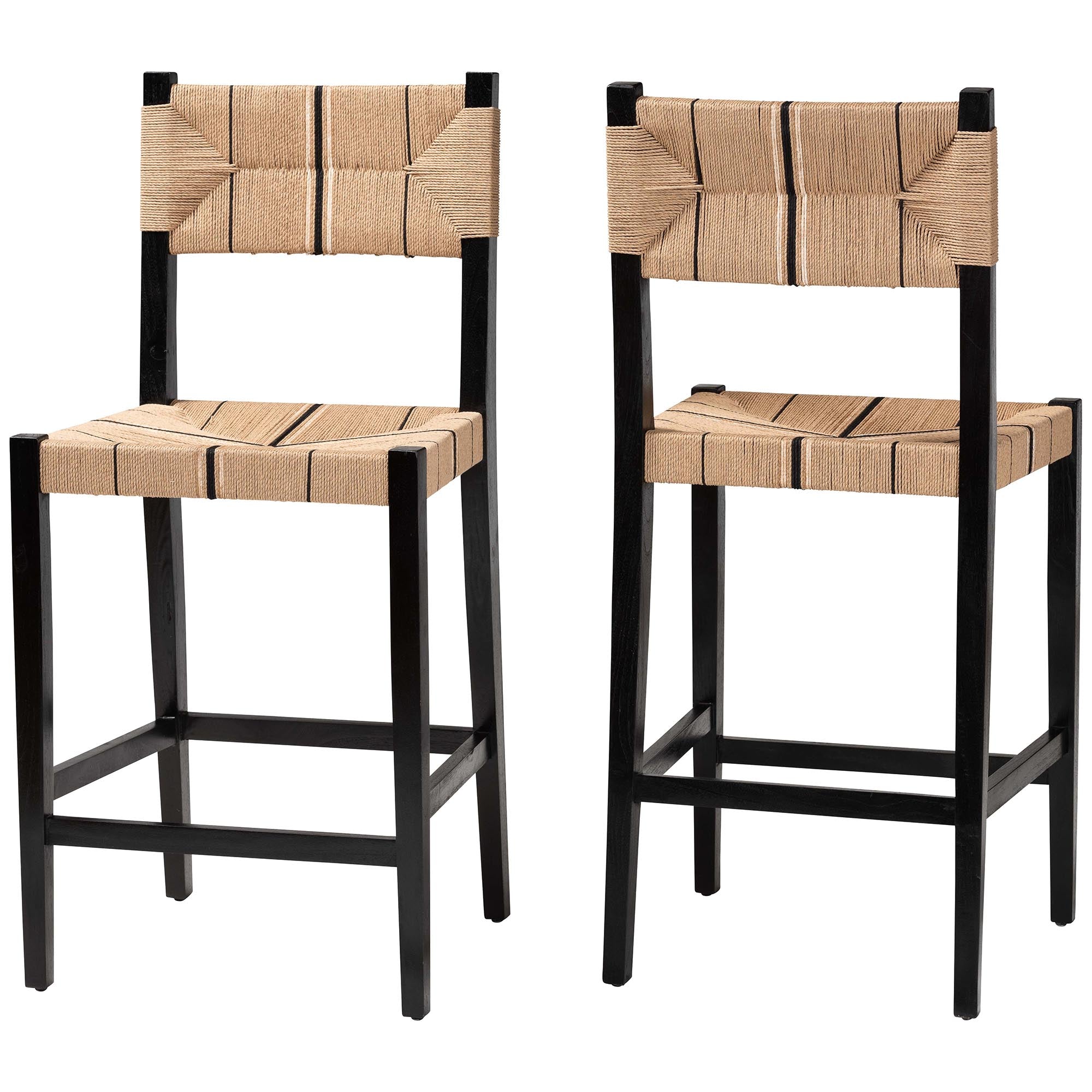 bali & pari Prita Bohemian Paper Loom and Black Mahogany Wood 2-Piece Bar Stool Set