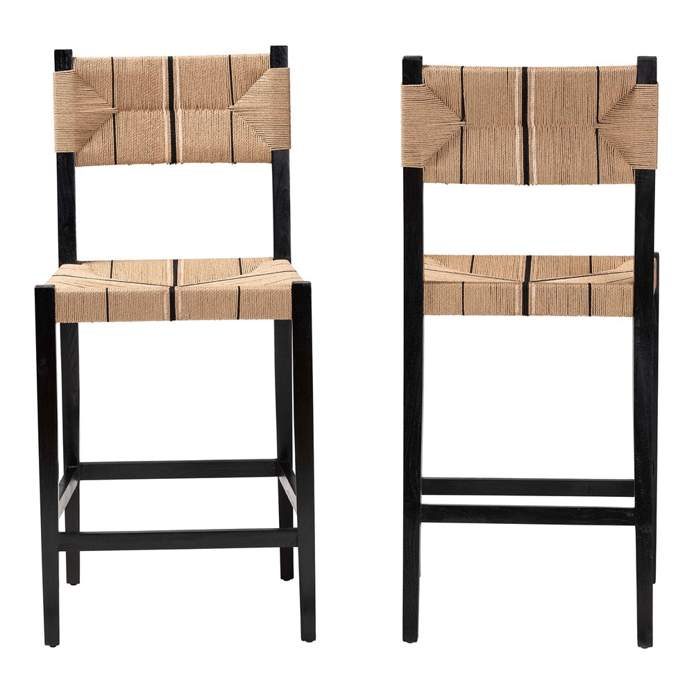 Prita Bohemian Paper Loom and Black Mahogany Wood 2-Piece Bar Stool Set
