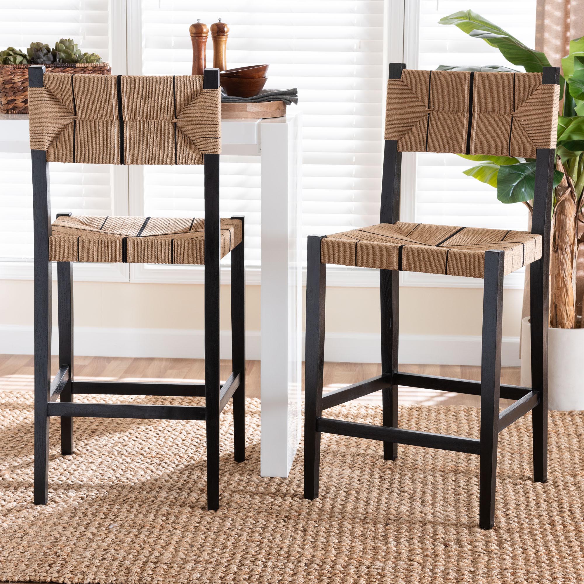 Prita Bohemian Paper Loom and Black Mahogany Wood 2-Piece Bar Stool Set