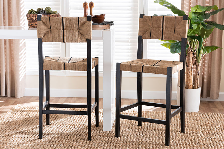 bali & pari Prita Bohemian Paper Loom and Black Mahogany Wood 2-Piece Bar Stool Set
