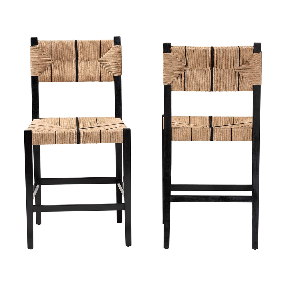 bali & pari Prita Bohemian Paper Loom and Black Mahogany Wood 2-Piece Counter Stool Set