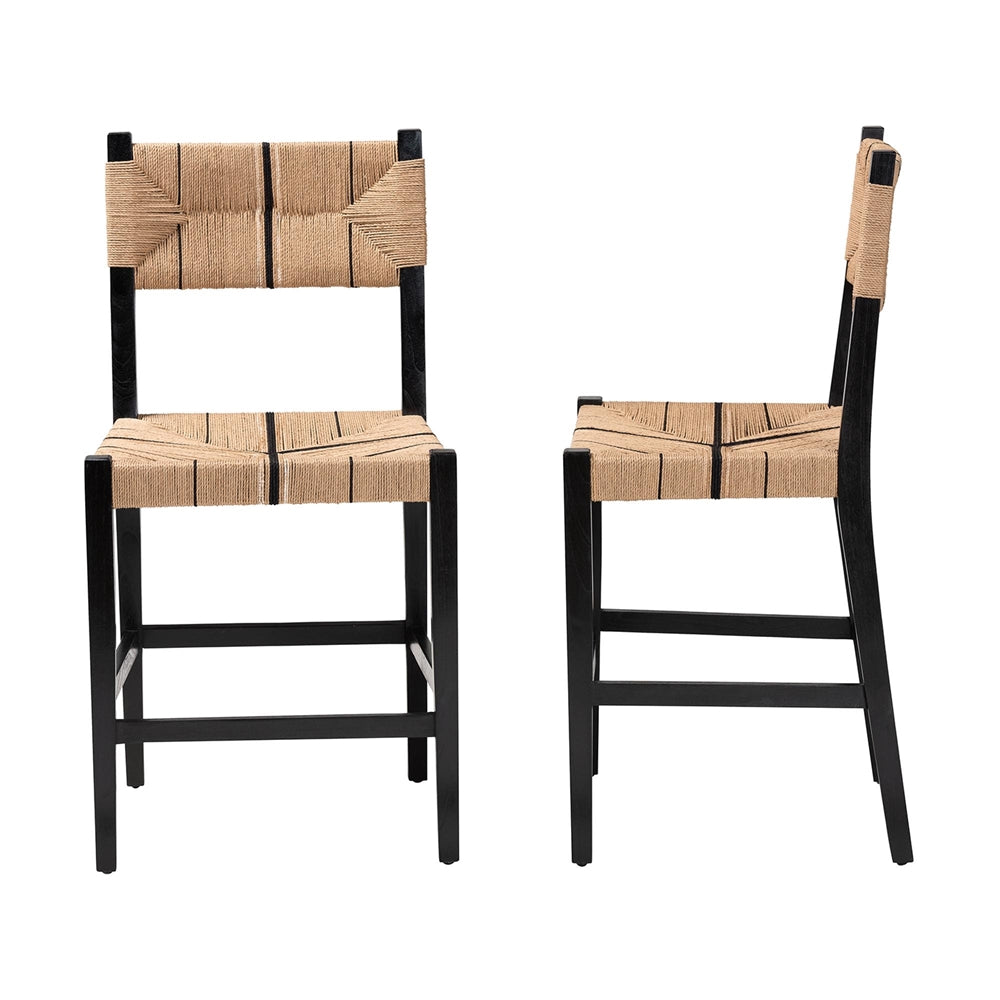 bali & pari Prita Bohemian Paper Loom and Black Mahogany Wood 2-Piece Counter Stool Set