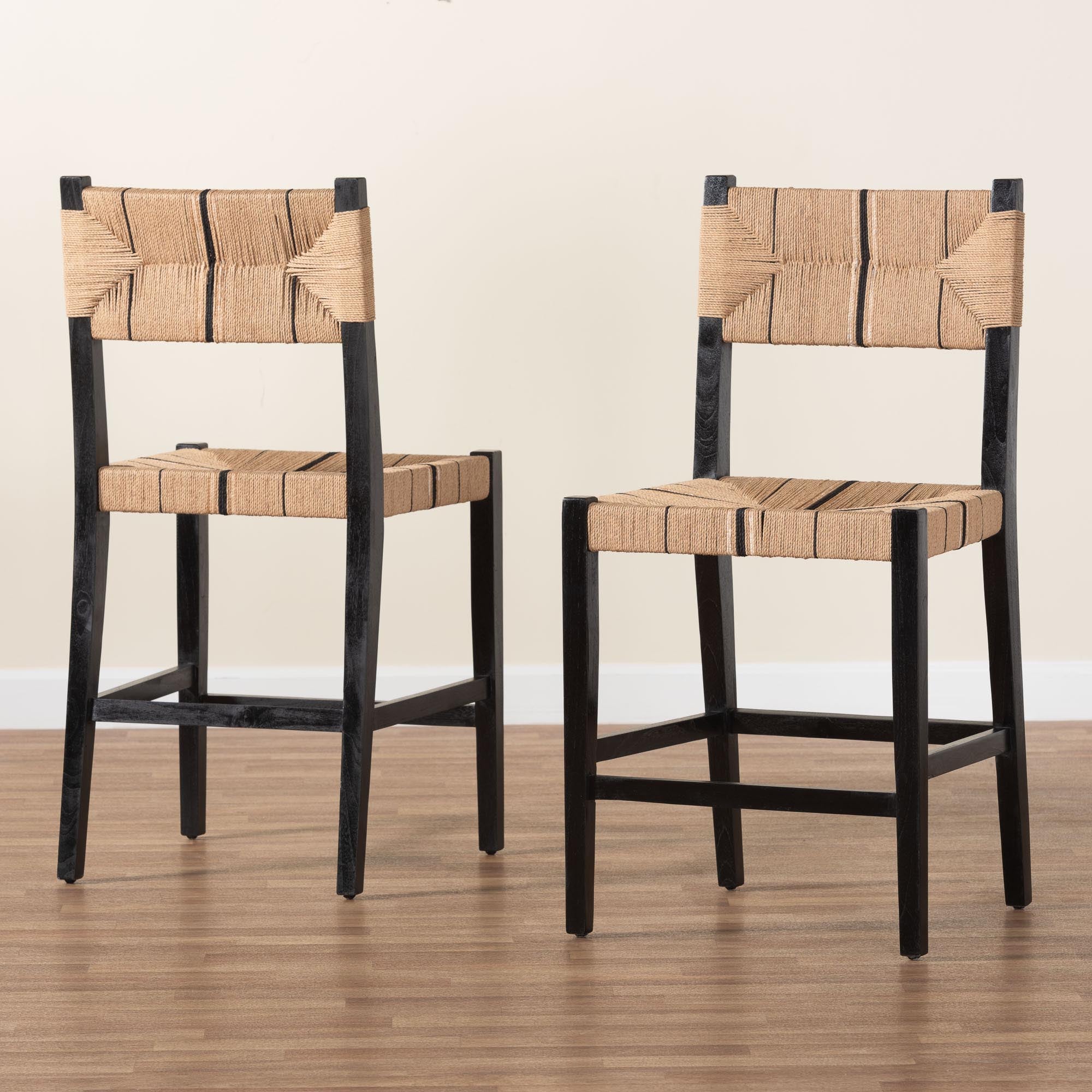 bali & pari Prita Bohemian Paper Loom and Black Mahogany Wood 2-Piece Counter Stool Set