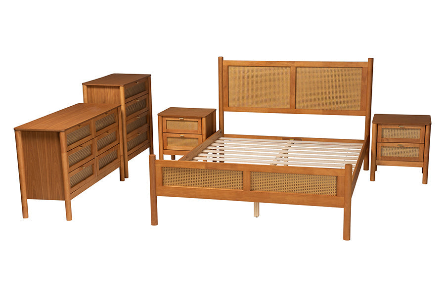Jenn Golden Brown Wood Japandi 5-Piece Queen Size Bedroom Set with Distressed-Finished Rattan