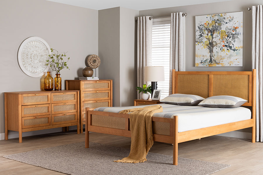 Jenn Golden Brown Wood Japandi 4-Piece Queen Size Bedroom Set with Distressed-Finished Rattan