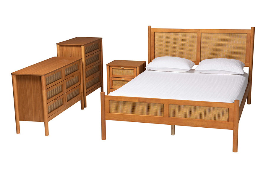 Jenn Golden Brown Wood Japandi 4-Piece Queen Size Bedroom Set with Distressed-Finished Rattan