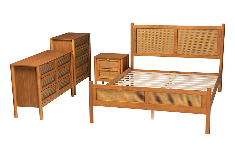 Jenn Golden Brown Wood Japandi 4-Piece Queen Size Bedroom Set with Distressed-Finished Rattan