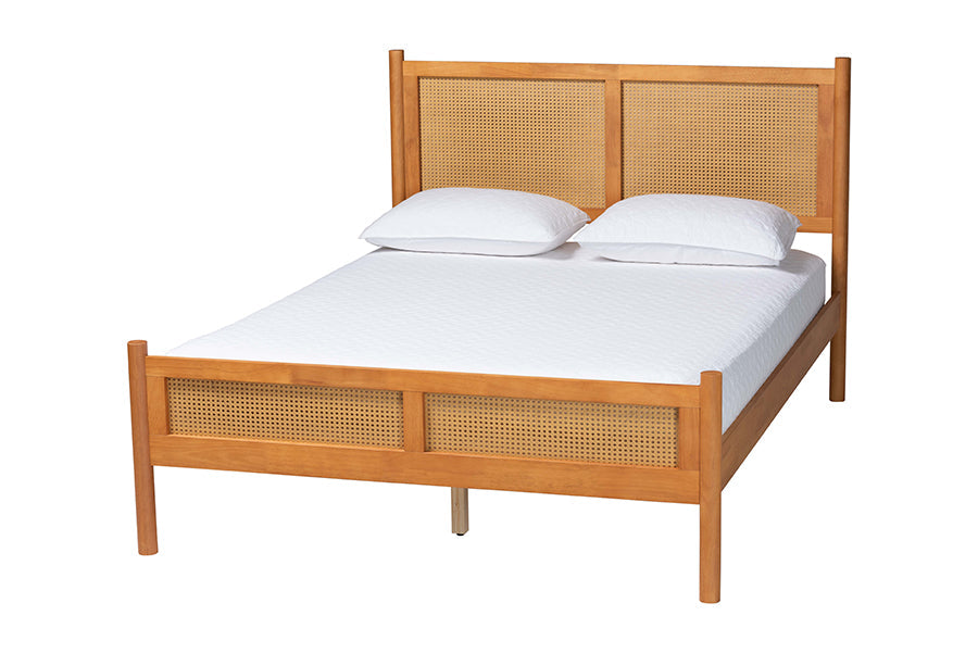 Jenn Golden Brown Wood Japandi 4-Piece Queen Size Bedroom Set with Distressed-Finished Rattan
