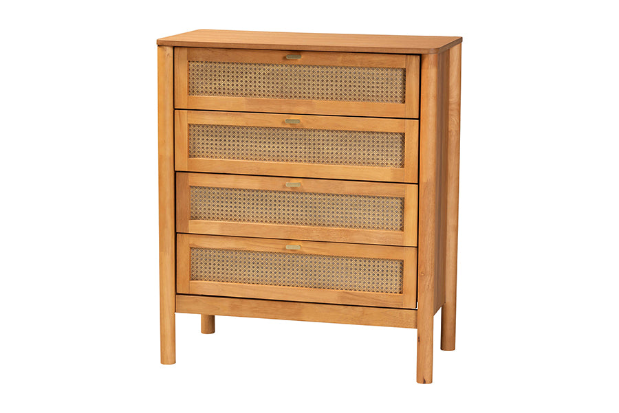 Jenn Golden Brown Wood Japandi 4-Piece Queen Size Bedroom Set with Distressed-Finished Rattan