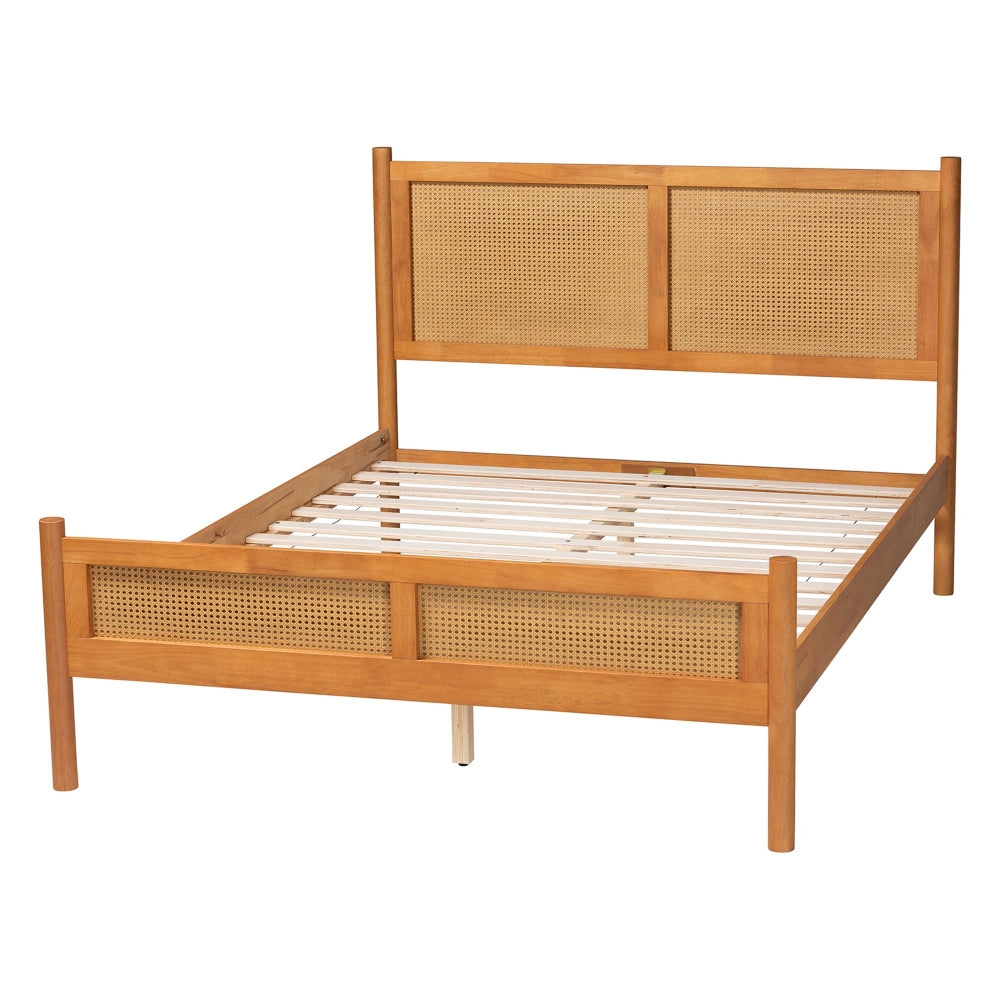 Jenn Golden Brown Wood Japandi Queen Size Platform Bed with Distressed-Finished Rattan