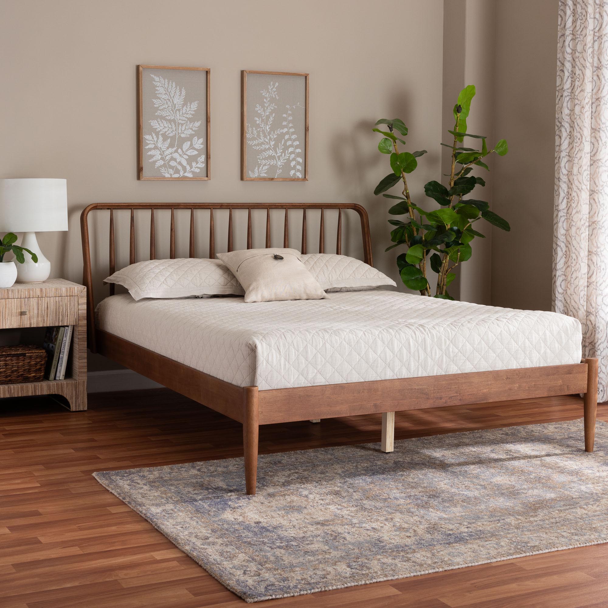 Maeron Mid-Century Modern Walnut Brown Queen Platform Bed with Spindle Headboard
