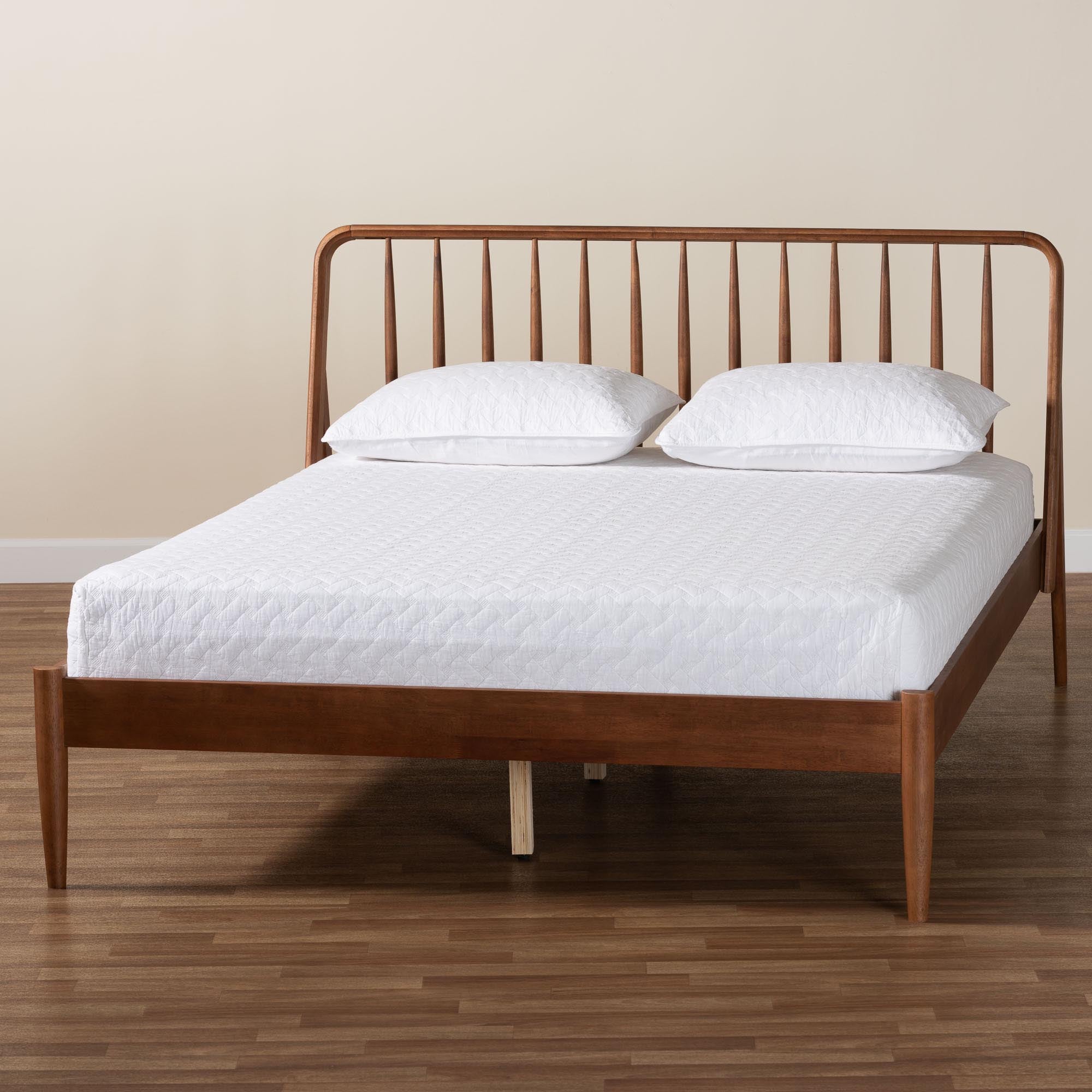 Maeron Mid-Century Modern Walnut Brown Queen Platform Bed with Spindle Headboard