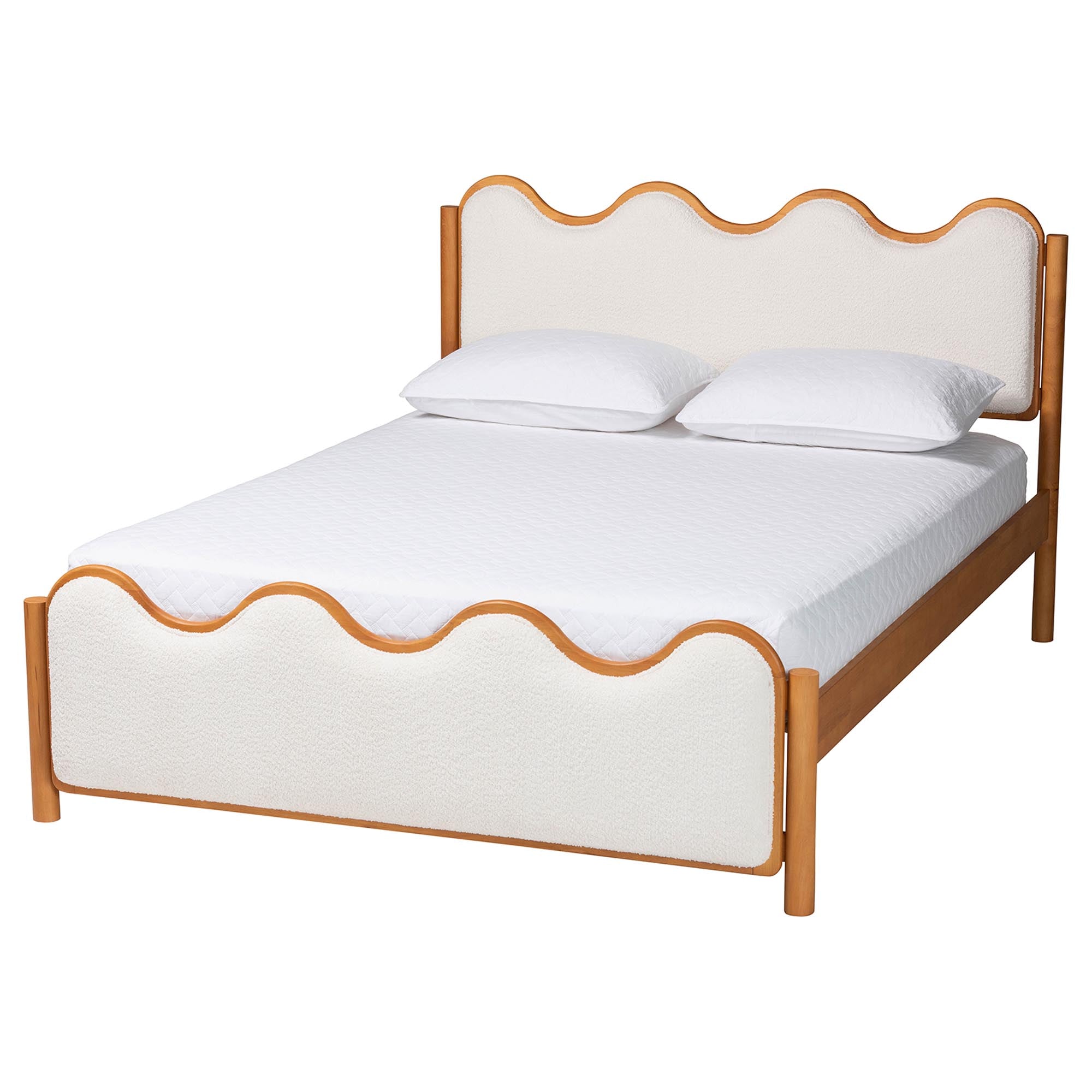 Baxton Studio Lilia Mid-Century Modern Scalloped Cream Boucle and Oak Brown Wood Queen Platform Bed