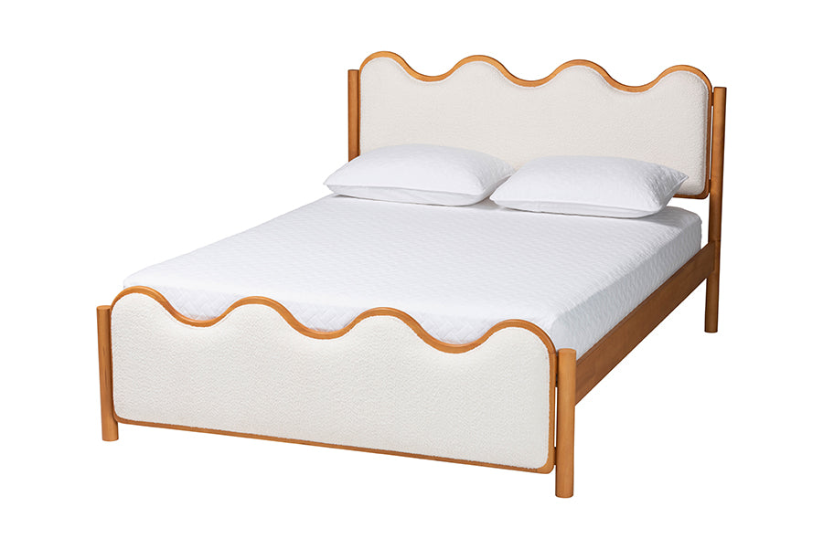 Lilia Mid-Century Modern Scalloped Cream Boucle and Oak Brown Wood Queen Platform Bed