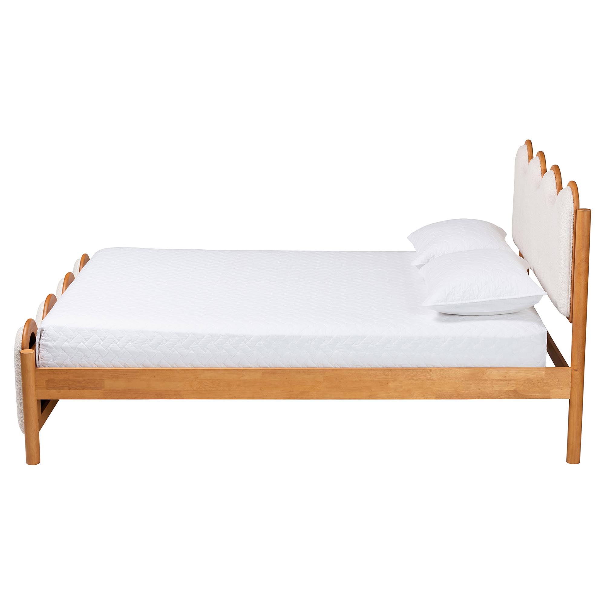 Lilia Mid-Century Modern Scalloped Cream Boucle and Oak Brown Wood Queen Platform Bed
