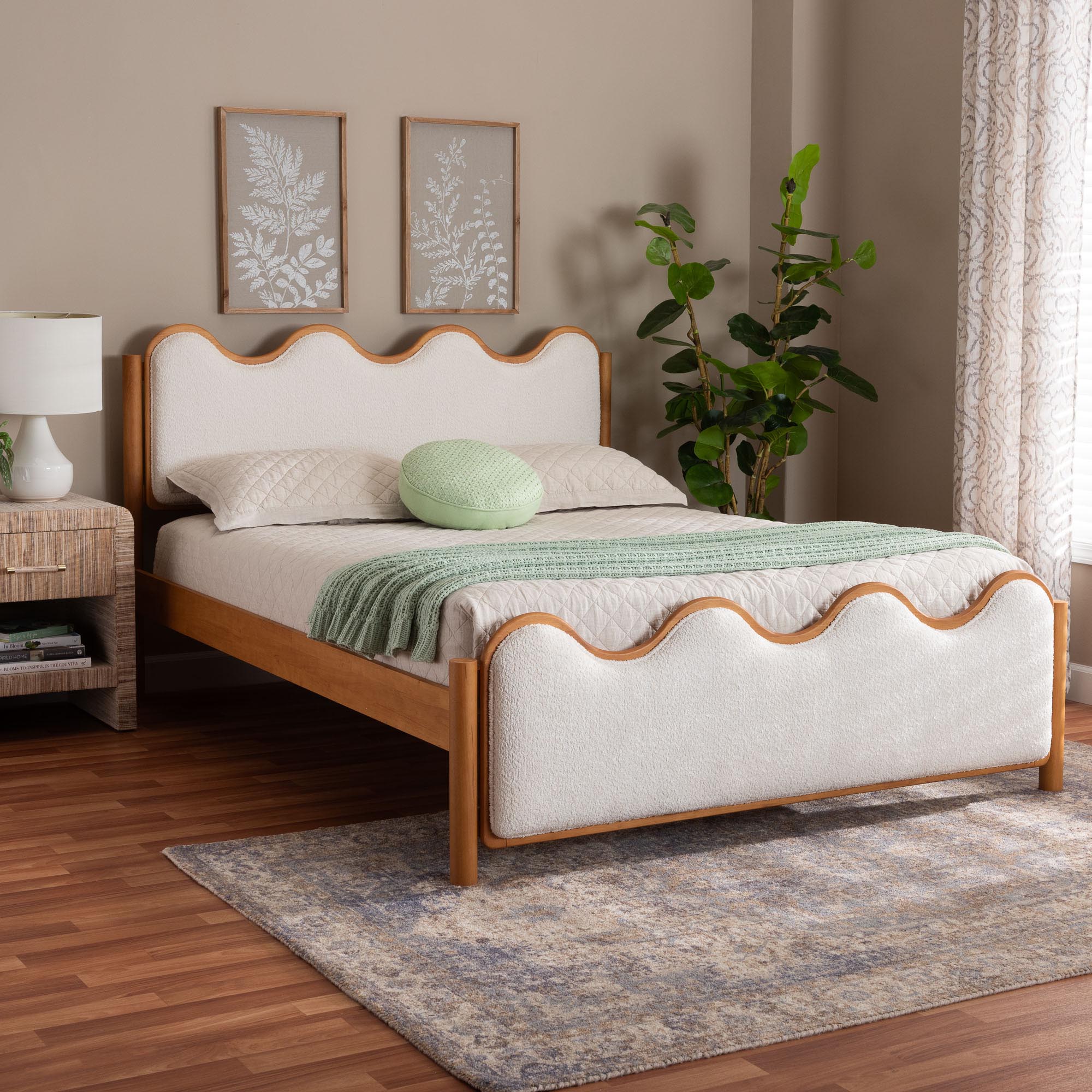 Lilia Mid-Century Modern Scalloped Cream Boucle and Oak Brown Wood Queen Platform Bed