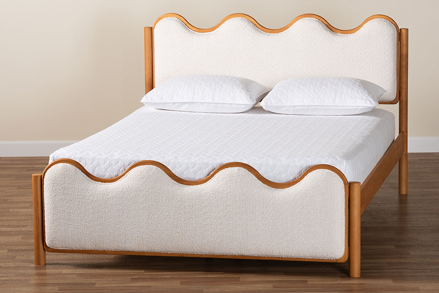 Lilia Mid-Century Modern Scalloped Cream Boucle and Oak Brown Wood Queen Platform Bed