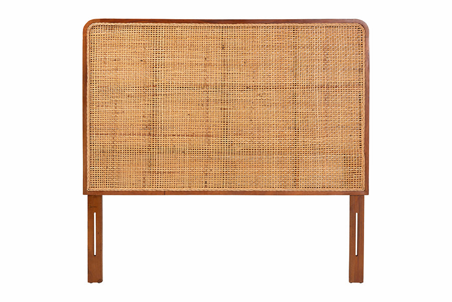 Caspia Bohemian Natural Rattan and Mahogany Wood Queen Size Headboard