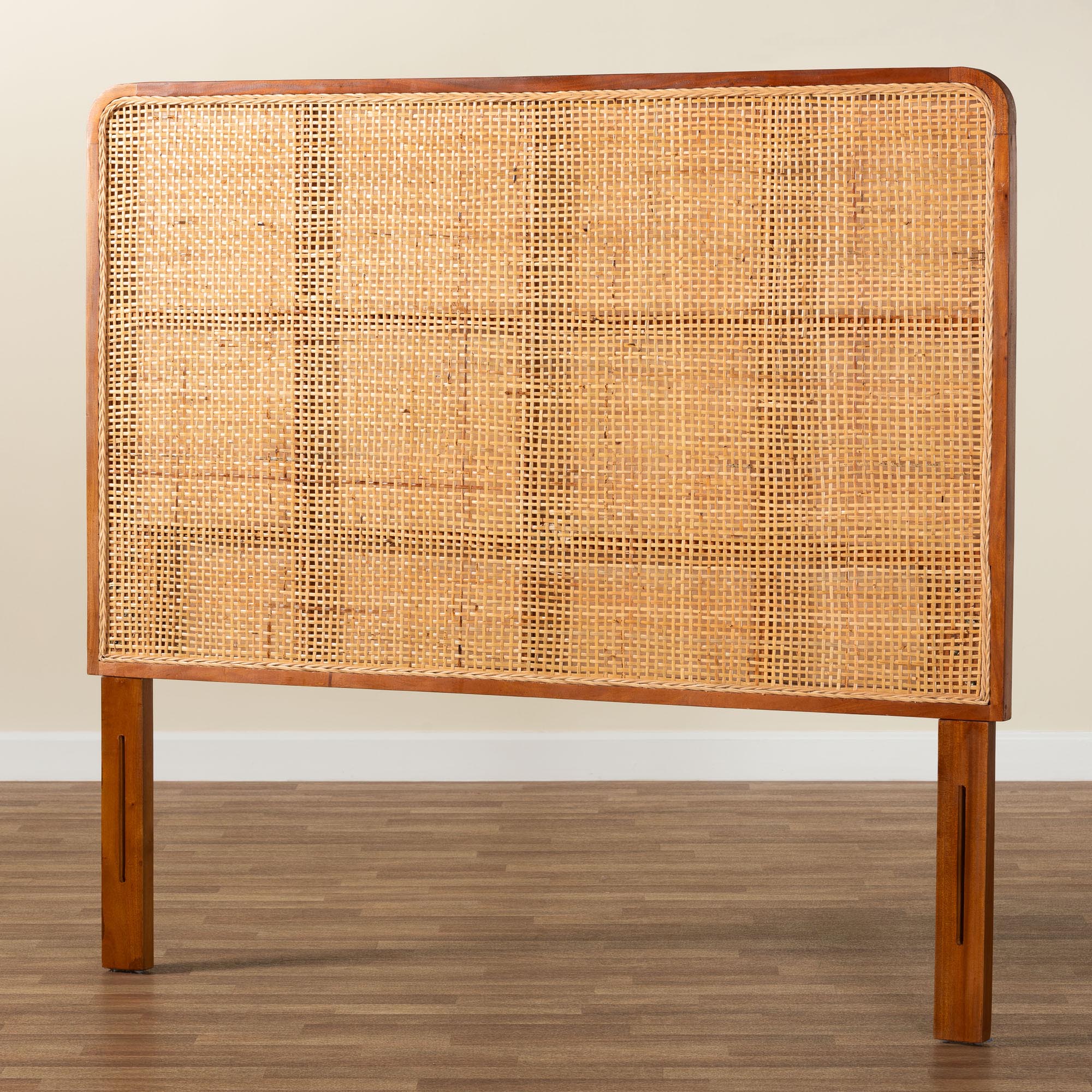 Caspia Bohemian Natural Rattan and Mahogany Wood Queen Size Headboard