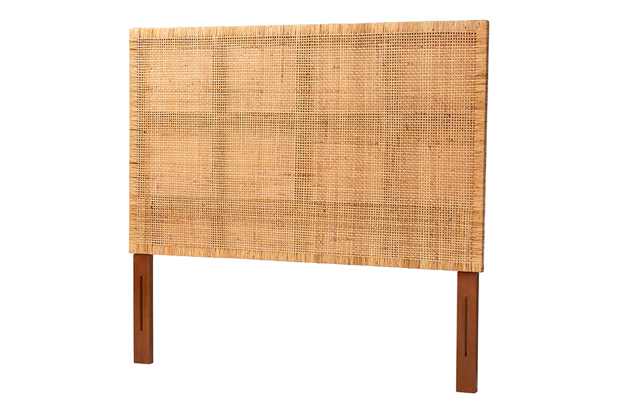 Lesia Bohemian Natural Rattan and Mahogany Wood Queen Size Headboard