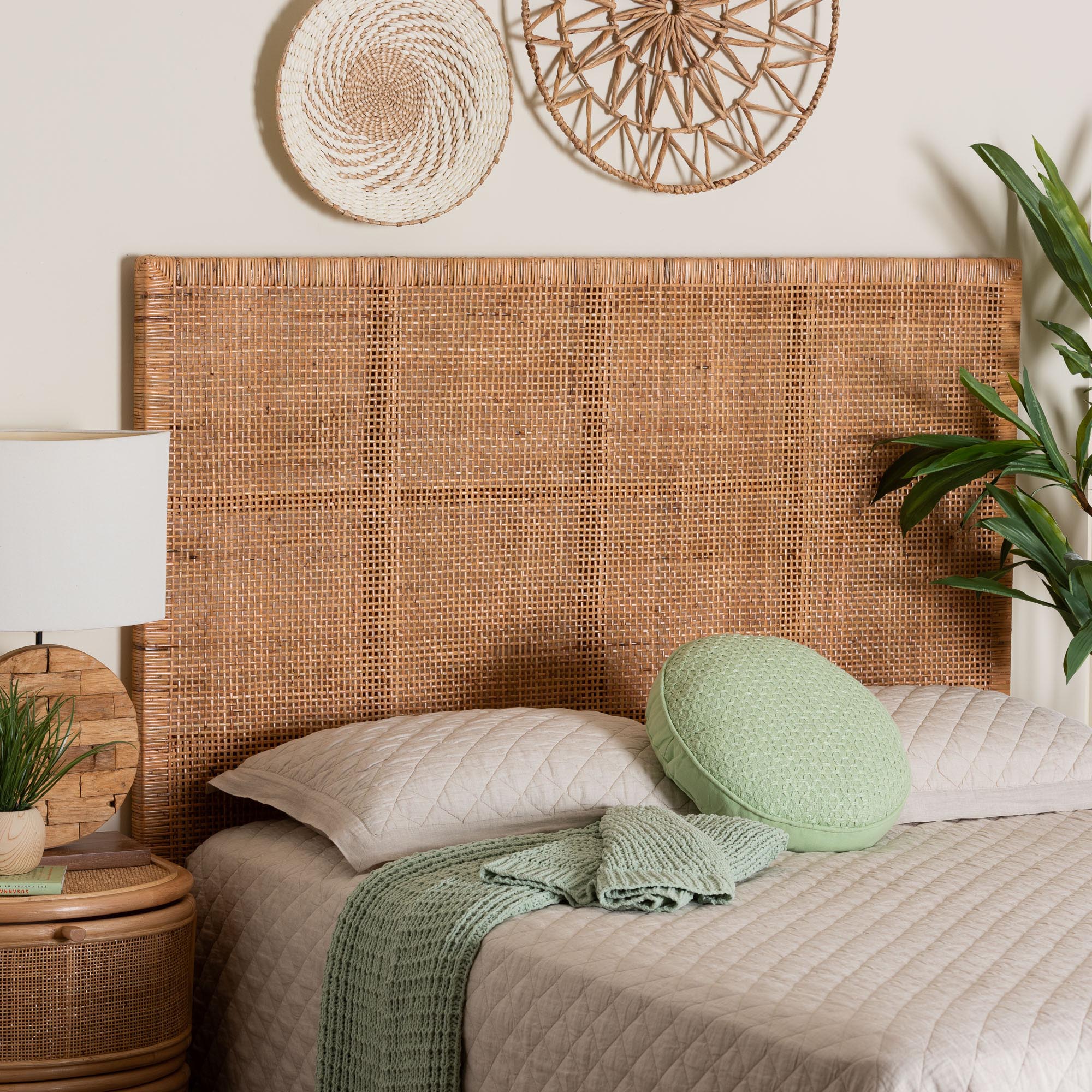 Lesia Bohemian Natural Rattan and Mahogany Wood Queen Size Headboard
