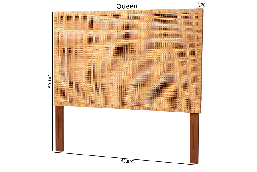 Lesia Bohemian Natural Rattan and Mahogany Wood Queen Size Headboard