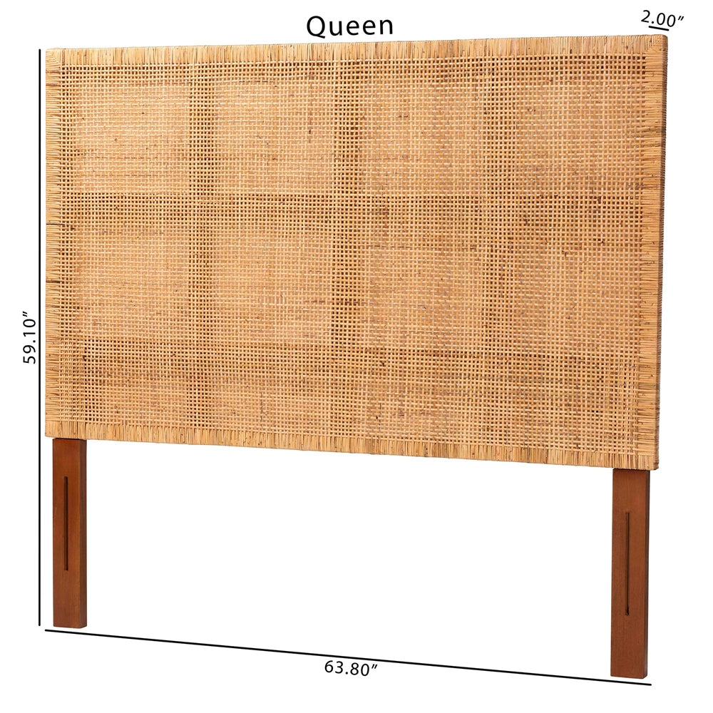 Lesia Bohemian Natural Rattan and Mahogany Wood Queen Size Headboard