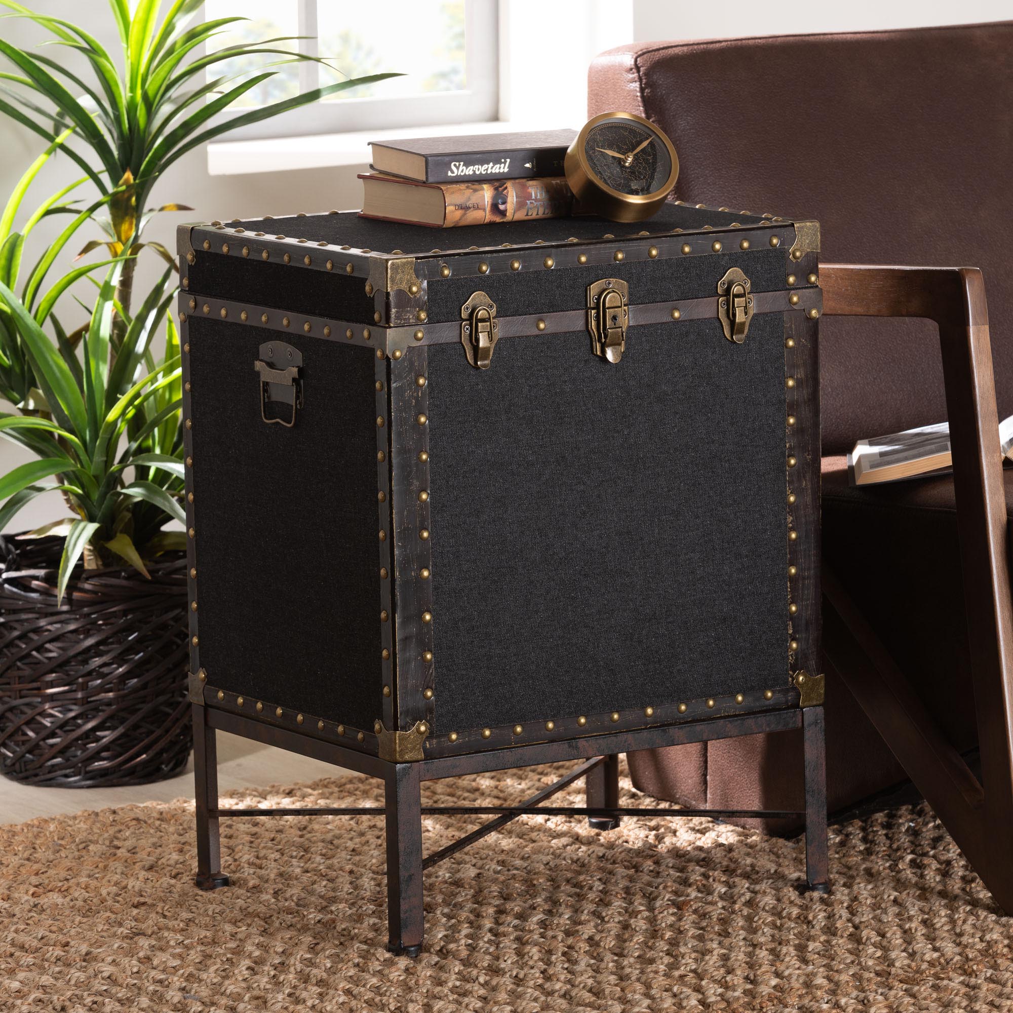 Laura Vintage Black Canvas Lift-Top Trunk End Table