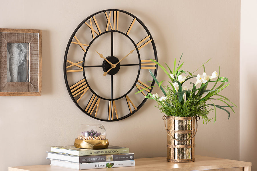 Auden Modern Industrial Two-Tone Black and Gold Metal Wall Clock