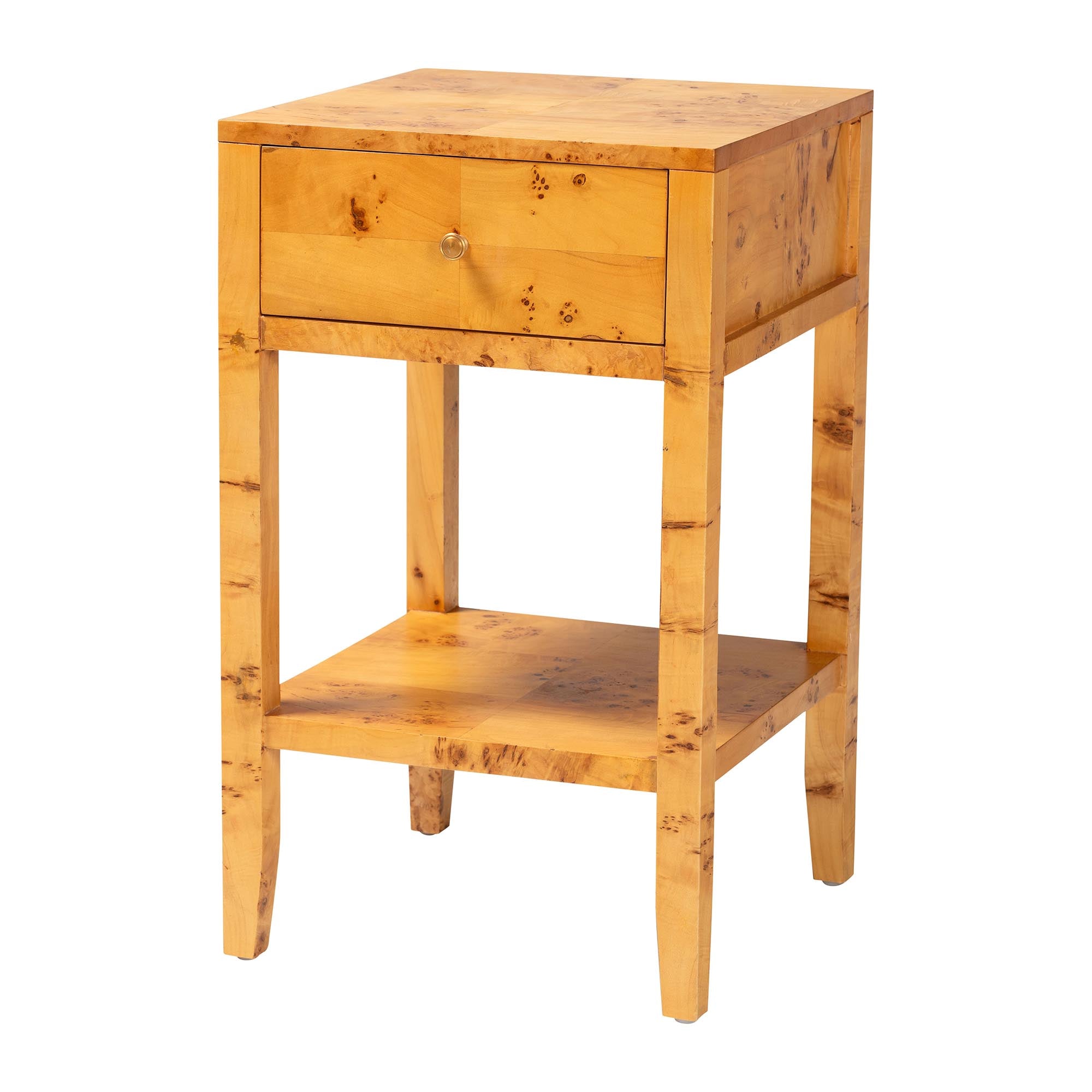 Ghina Modern and Contemporary Natural Light Mappa Real Burl Wood 1-Drawer Nightstand