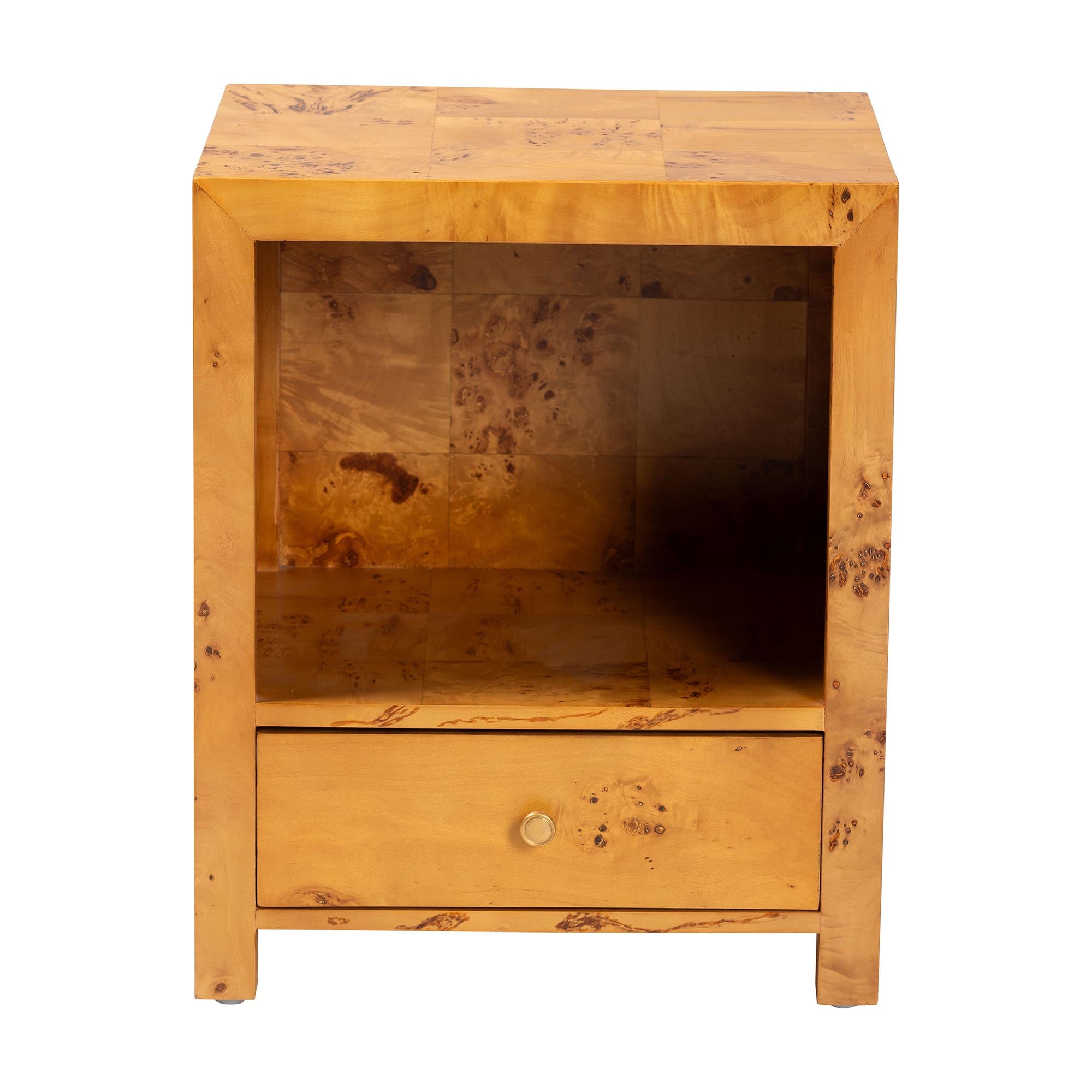 Camira Modern and Contemporary Natural Light Mappa Real Burl Wood 1-Drawer Nightstand