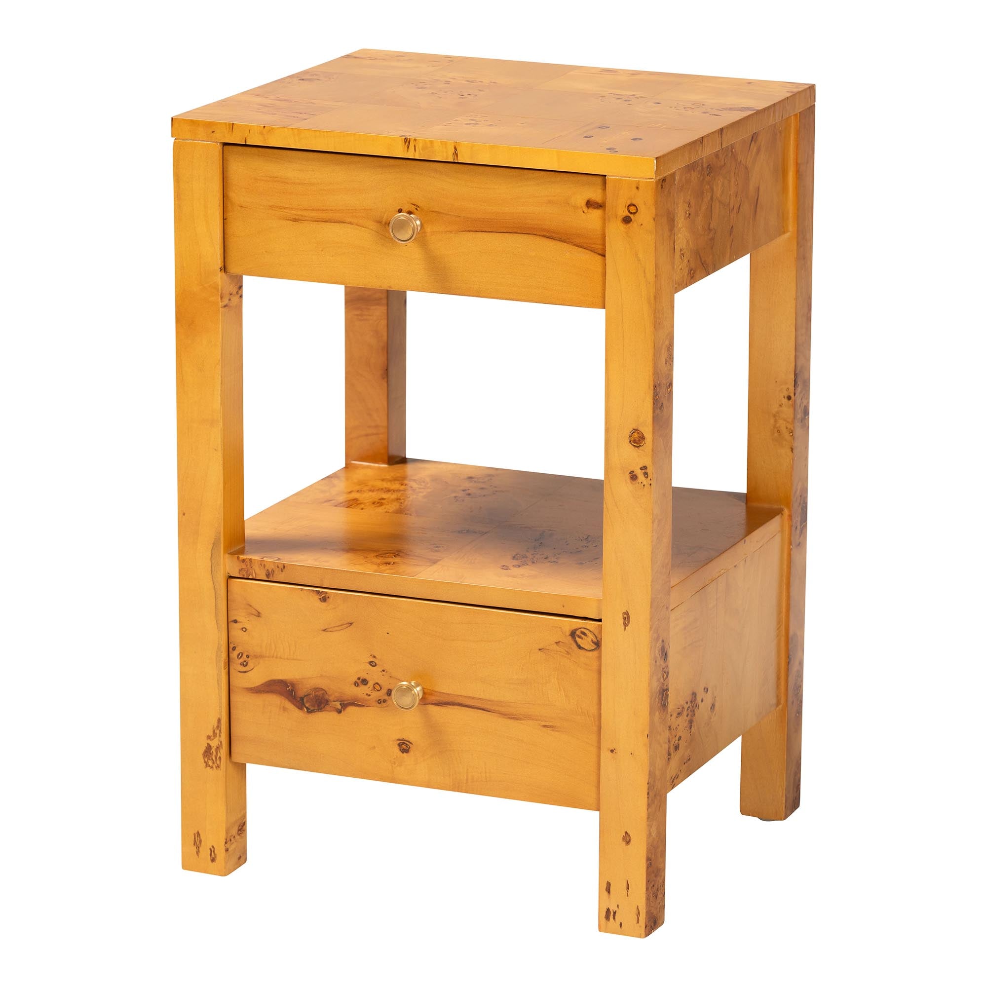 Azmi Modern and Contemporary Natural Light Mappa Real Burl Wood 2-Drawer Nightstand