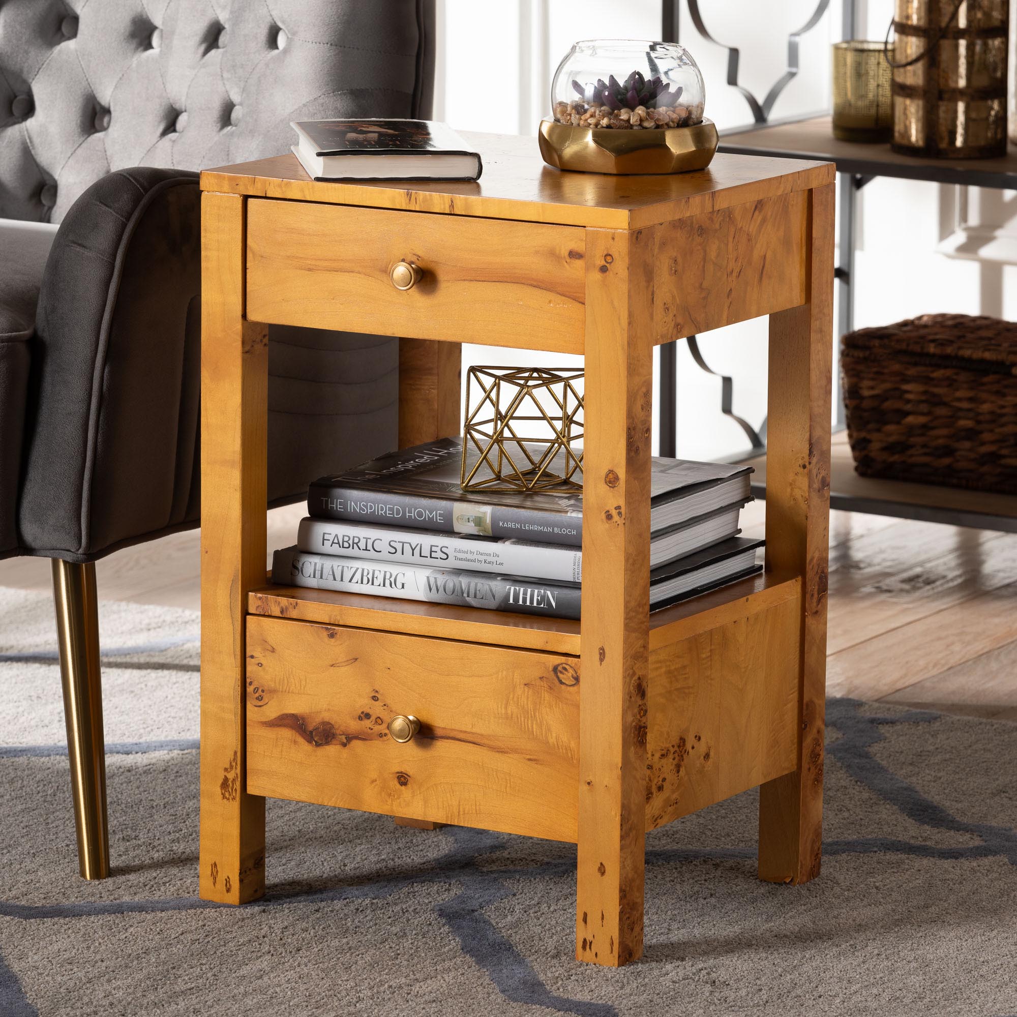 Azmi Modern and Contemporary Natural Light Mappa Real Burl Wood 2-Drawer Nightstand