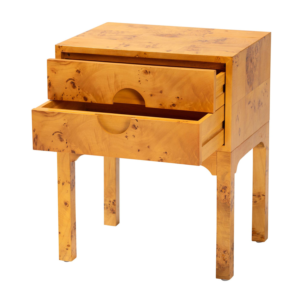 Kayla Modern and Contemporary Natural Light Mappa Real Burl Wood 2-Drawer Nightstand
