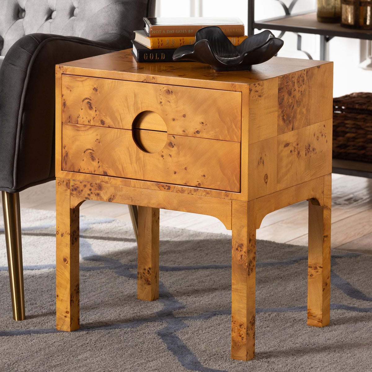 Kayla Modern and Contemporary Natural Light Mappa Real Burl Wood 2-Drawer Nightstand