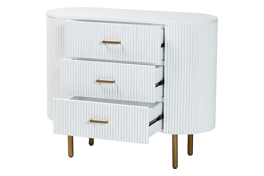bali & pari Beyla Mid-Century White Fluted Wood and Gold Metal 3-Drawer Dresser