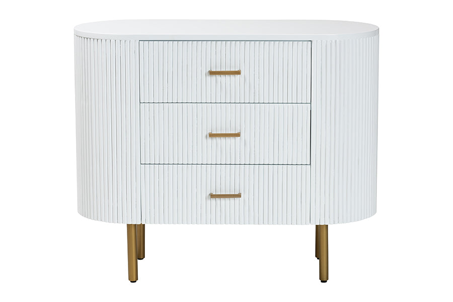 bali & pari Beyla Mid-Century White Fluted Wood and Gold Metal 3-Drawer Dresser