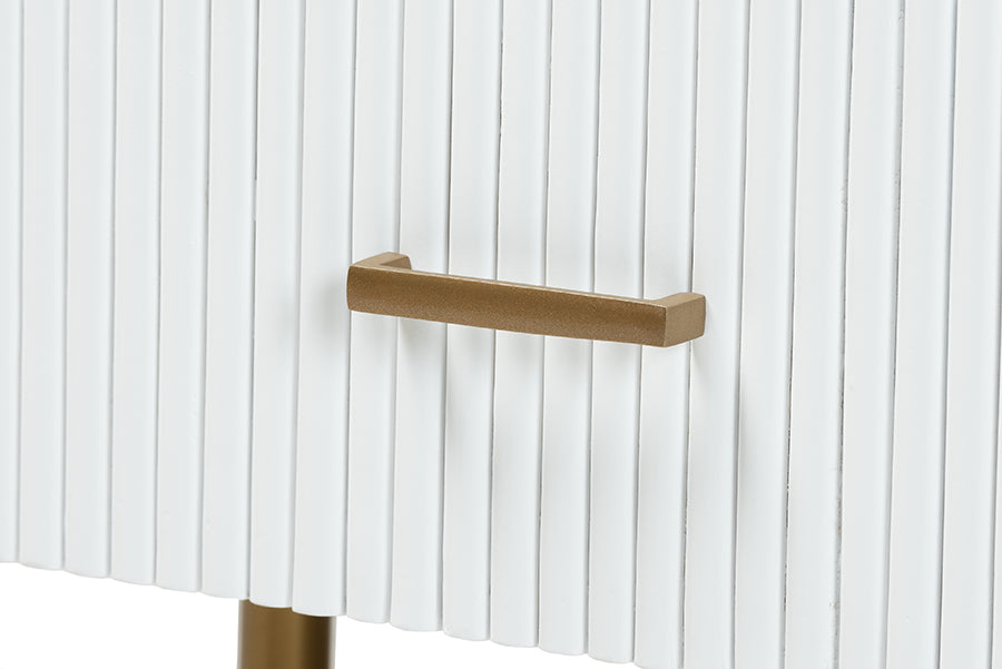 bali & pari Beyla Mid-Century White Fluted Wood and Gold Metal 3-Drawer Dresser