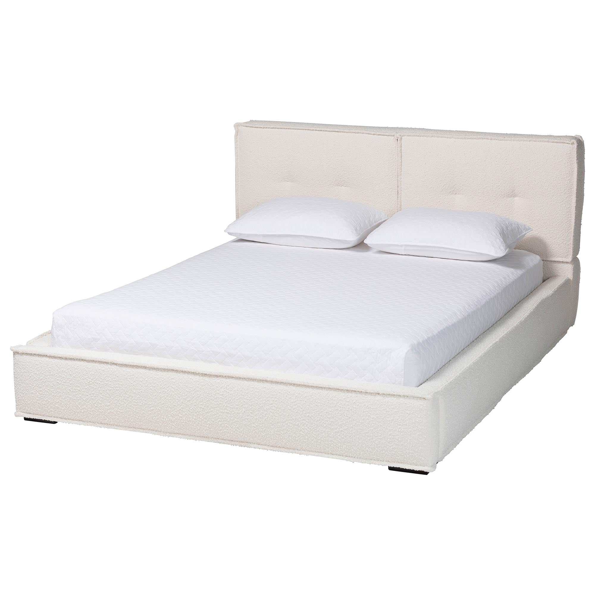 Laverick Modern Cream Boucle Queen Platform Bed with Border Piping
