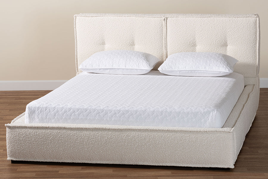 Laverick Modern Cream Boucle Queen Platform Bed with Border Piping