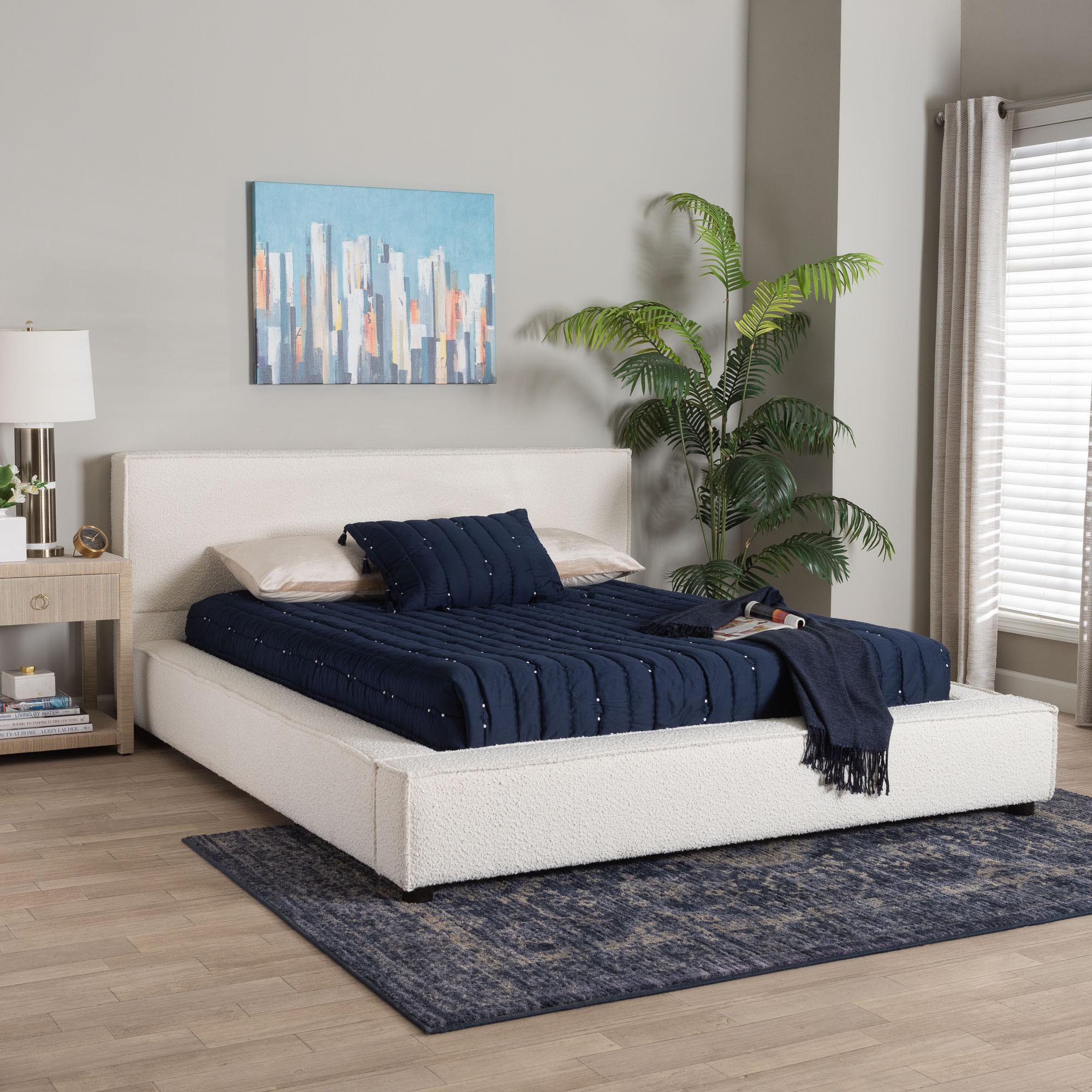 Bardia Modern Cream Boucle Queen Platform Bed with Wide Railing