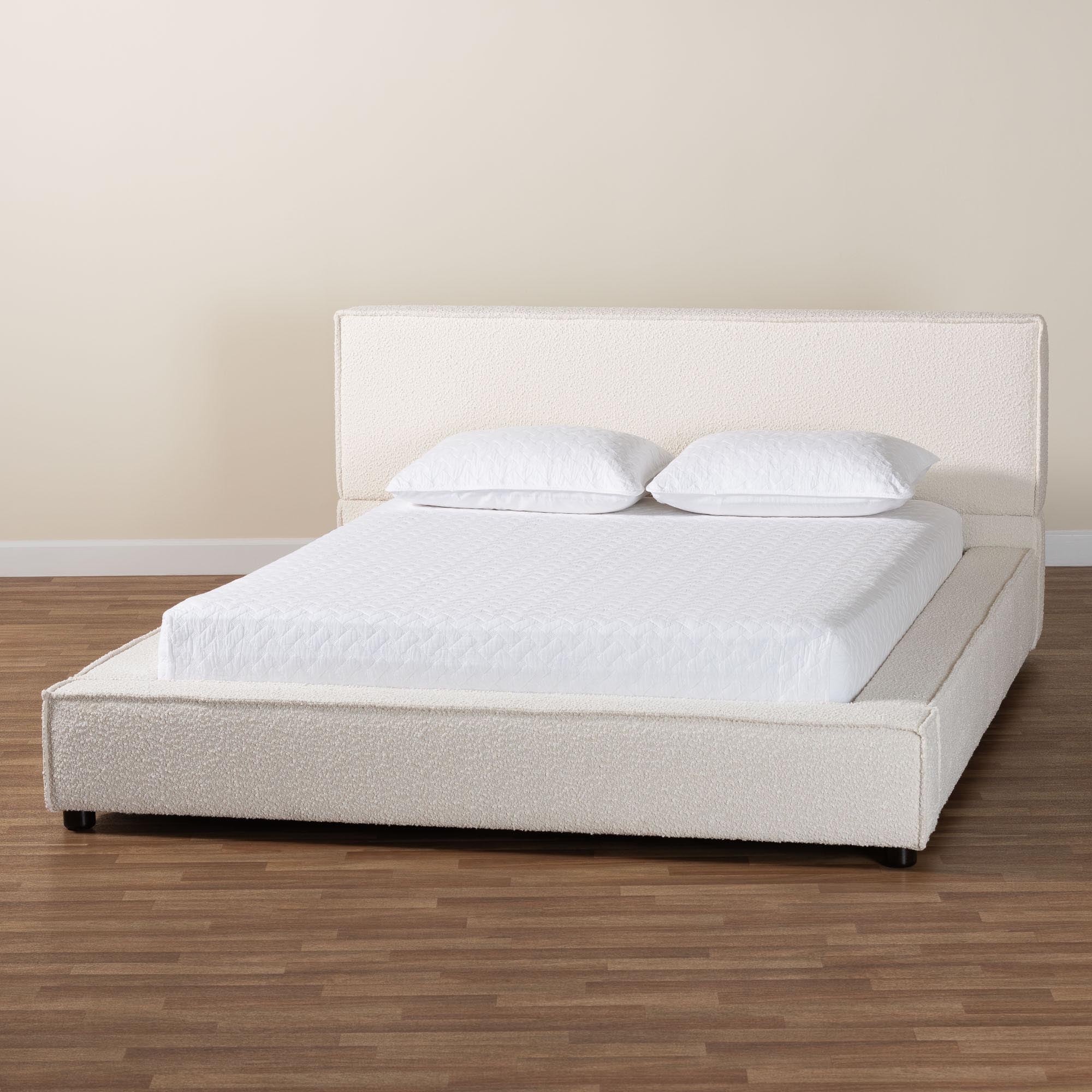 Bardia Modern Cream Boucle Queen Platform Bed with Wide Railing