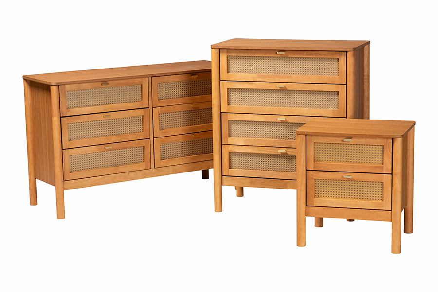 Jenn Golden Brown Wood Japandi 3-Piece Storage Set with Distressed-Finished Rattan