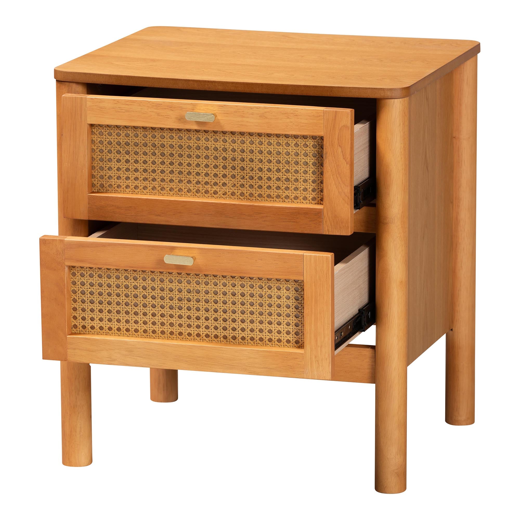 Jenn Golden Brown Wood Japandi 2-Drawer Nightstand with Distressed-Finished Rattan