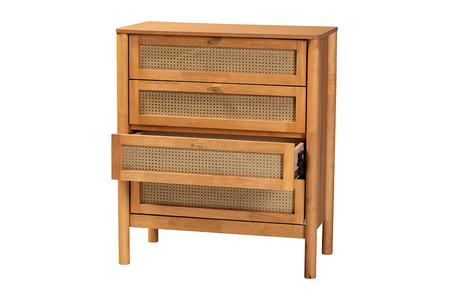Jenn Golden Brown Wood Japandi 4-Drawer Chest with Distressed-Finished Rattan