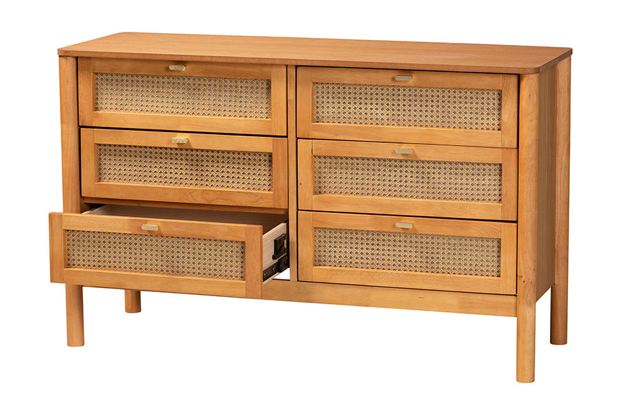 Jenn Golden Brown Wood Japandi 6-Drawer Dresser with Distressed-Finished Rattan