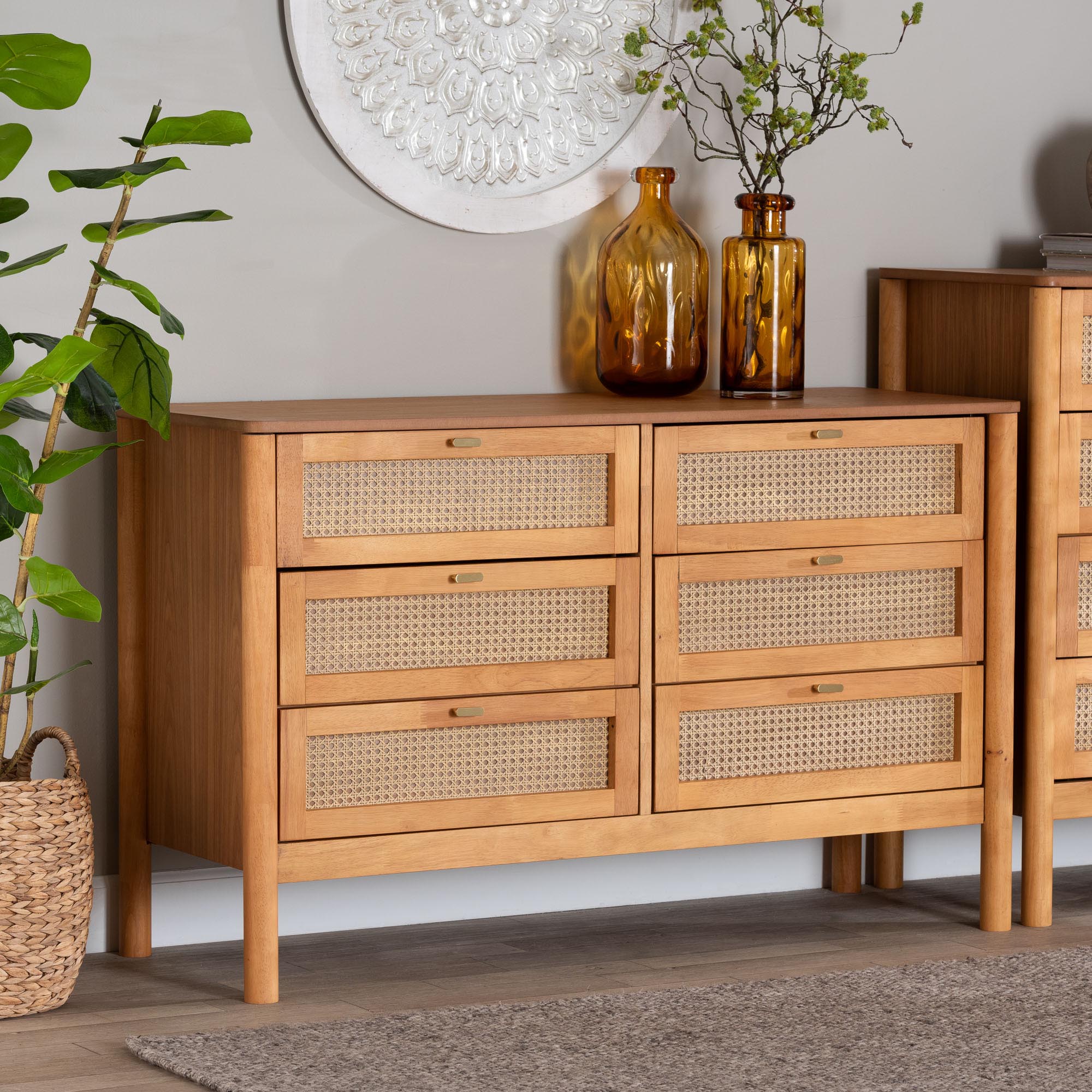 Jenn Golden Brown Wood Japandi 6-Drawer Dresser with Distressed-Finished Rattan