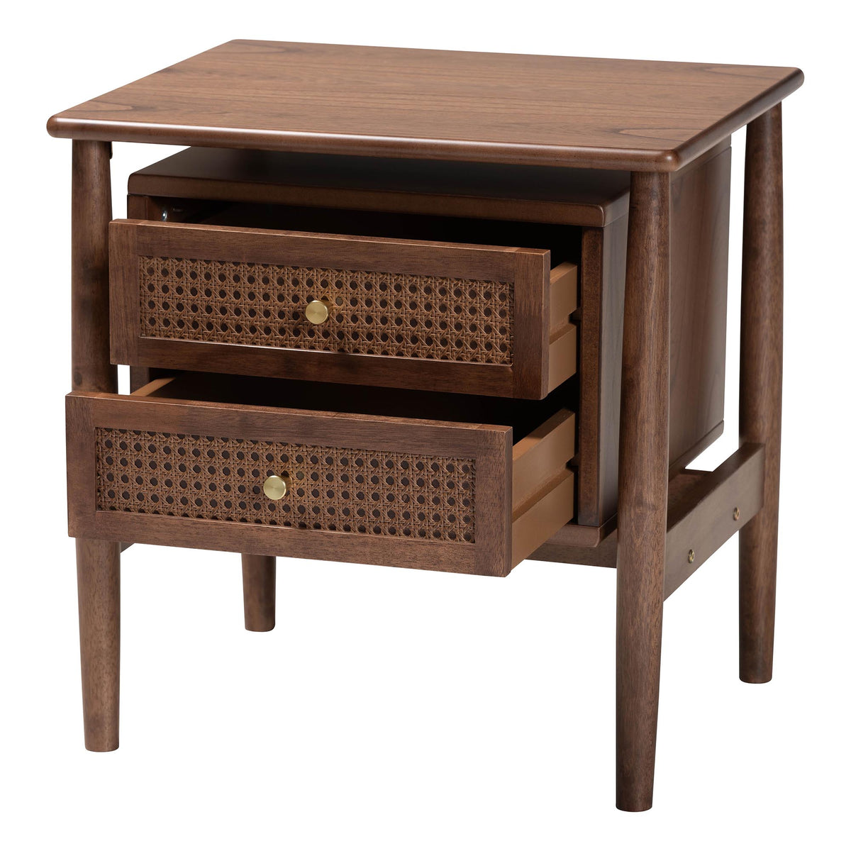 Alyssa Japandi Walnut Brown Wood 2-Drawer Nightstand Woven with Rattan